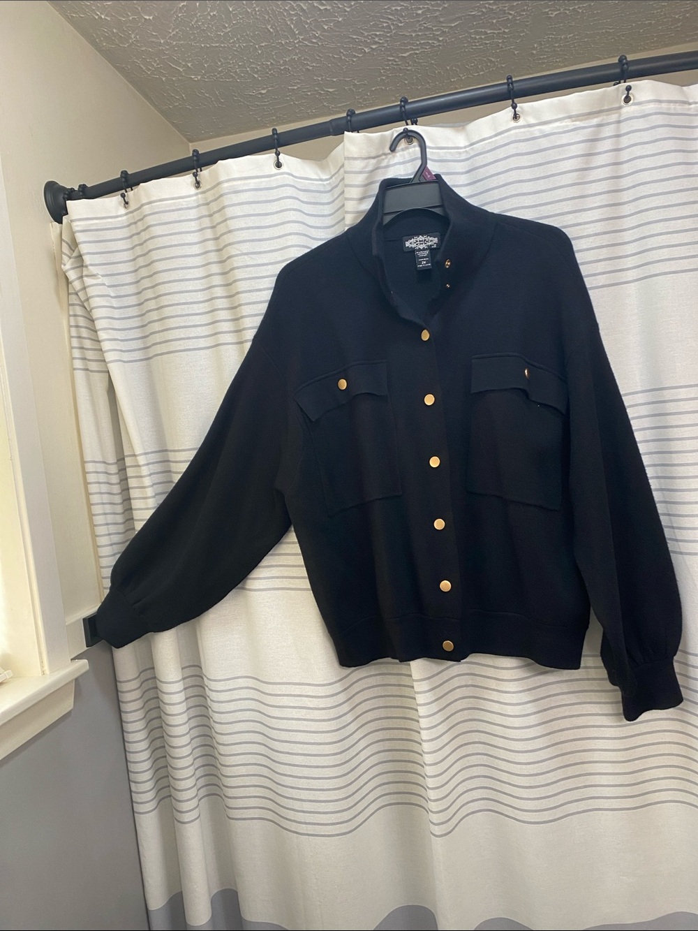 Black Snap-Front Pocket Cardigan with Gold Snaps